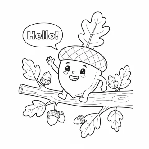 Dibujo de bellota para colorear: una bellota feliz despidiéndose de cuatro hojas de roble sonrientes en una rama