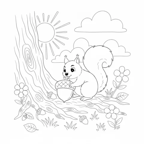 Dibujo de bellota para colorear: una ardilla y una bellota sonriente enterrando un montón de nueces bajo el sol