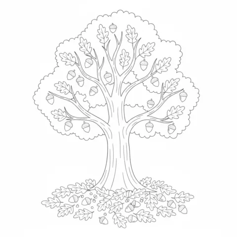 Dibujo de bellota para colorear: una bellota germinada con una hoja y una enredadera, junto a un pequeño gusano