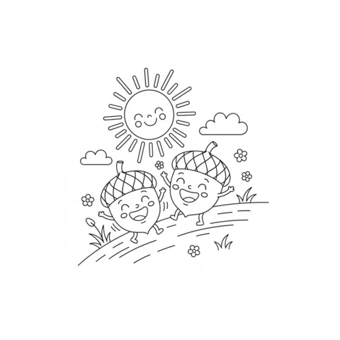 Dibujo de bellota para colorear: cuatro bellotas felices con gorros estampados anidadas entre muchas hojas de otoño
