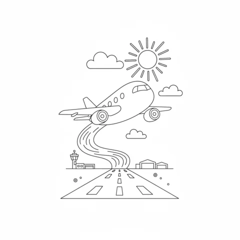 Disegno di aeroplano da colorare: un aereo di linea che decolla da una pista sotto il sole