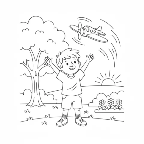 Disegno di aeroplano da colorare: un ragazzo con le braccia alzate che guarda un aereo a elica volare via