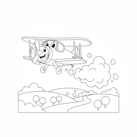 Disegno di aeroplano da colorare: un biplano sorridente che vola sopra dolci colline con una strada tortuosa