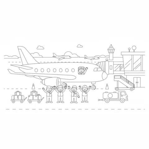 Disegno di aeroplano da colorare: personale di terra dell'aeroporto e pilota che salutano davanti a un aereo parcheggiato