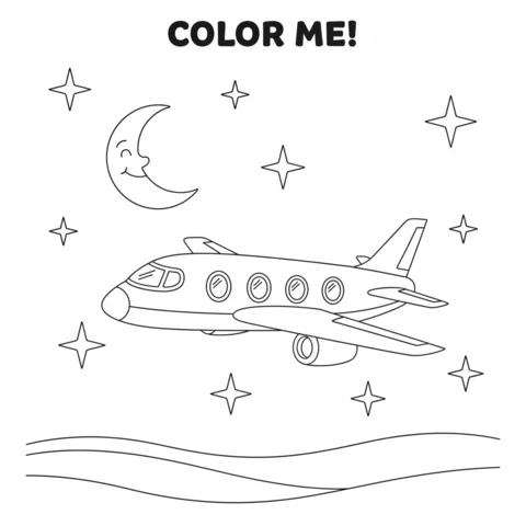 Disegno di aeroplano da colorare: un aereo di linea che vola di notte con una luna sorridente e stelle