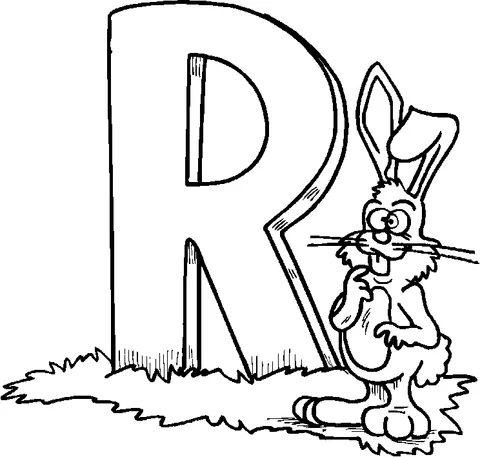 Coloriage Alphabet : un lapin aux grands yeux se tient à côté d'une grande lettre R