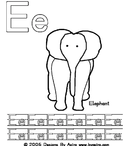 Coloriage Alphabet : un éléphant de dessin animé se tient sous une lettre E majuscule et minuscule