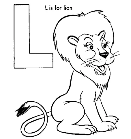 Coloriage Alphabet : un lion souriant avec une crinière touffue est assis à côté d'une grande lettre L