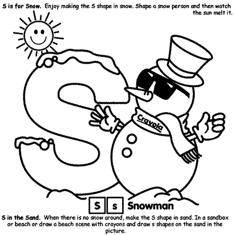 Coloriage Alphabet : un bonhomme de neige cool avec des lunettes de soleil et une écharpe à côté d'une lettre S enneigée
