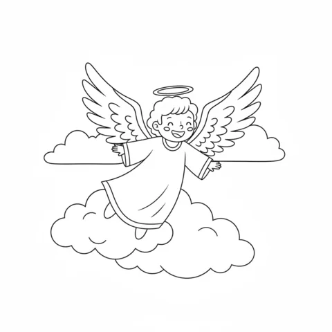 Coloriage ange : un ange heureux avec des ailes et une auréole volant au-dessus des nuages