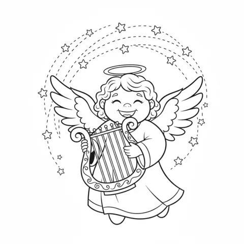 Coloriage ange : un ange joyeux jouant de la lyre avec des étoiles tourbillonnant autour
