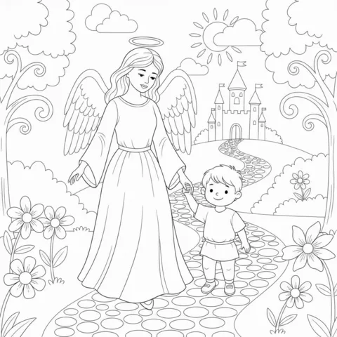 Coloriage ange : un ange gardien tenant la main d'un enfant sur un chemin vers un château