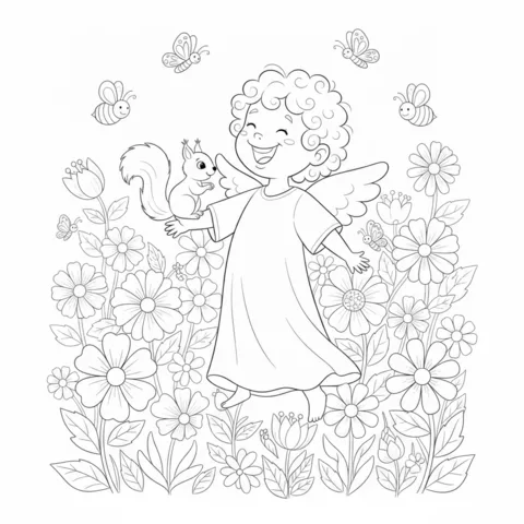 Coloriage ange : un ange joyeux avec un écureuil sur le bras dans un champ de fleurs