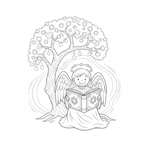 Coloriage ange : un ange lisant un livre sous un grand arbre fruitier