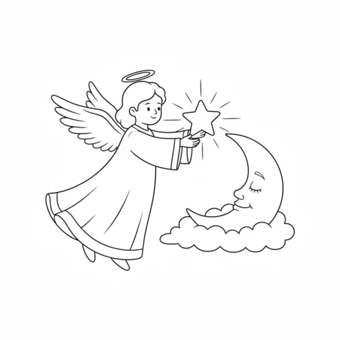 Coloriage ange : un ange plaçant une étoile sur un croissant de lune endormi sur un nuage
