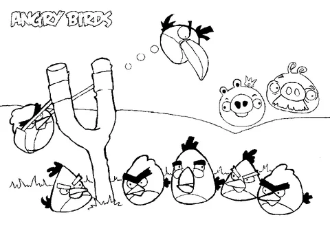 Disegno di Angry Birds da colorare: uccello rosso in una fionda, con altri uccelli e maiali su una collina