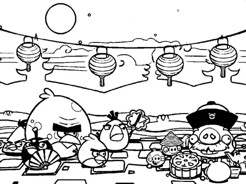 Disegno di Angry Birds da colorare: uccelli e maiali che festeggiano sotto lanterne appese e una luna piena