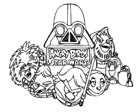 Disegno di Angry Birds da colorare: personaggi di Angry Birds Star Wars che circondano l'elmo di Darth Vader