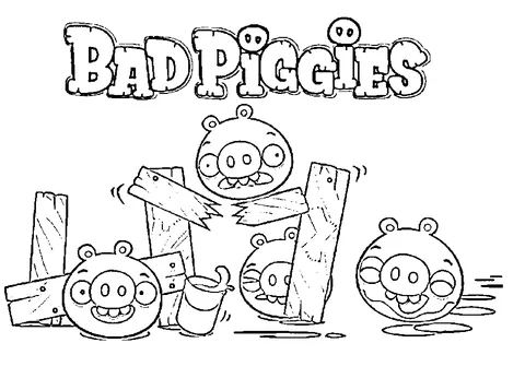 Disegno di Bad Piggies da colorare: quattro maiali tra assi di legno rotte e un secchio