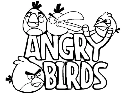Disegno di Angry Birds da colorare: il logo di Angry Birds circondato da quattro uccelli diversi