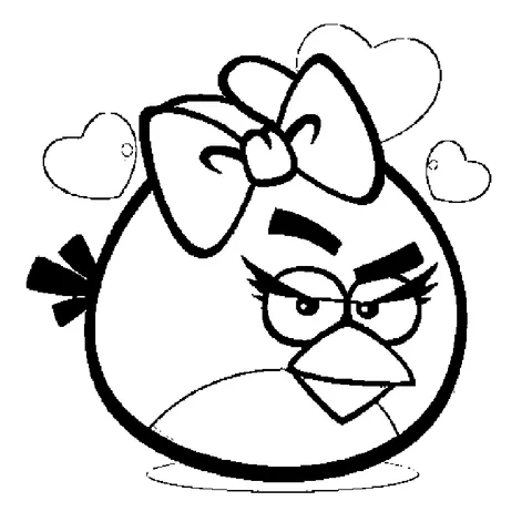Disegno di Angry Birds da colorare: un uccello femmina con un fiocco sulla testa e cuori che le fluttuano intorno