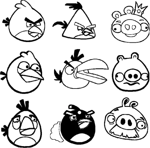 Disegno di Angry Birds da colorare: nove diversi Angry Birds e maiali in quadrati separati