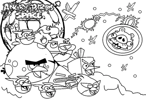 Disegno di Angry Birds Space da colorare: diversi uccelli e maiali che volano nello spazio con un pianeta sullo sfondo