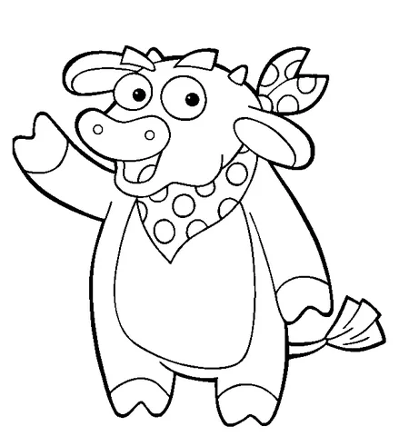Cow coloring page: a cartoon cow wearing a polka-dot bandana, waving with one hoof