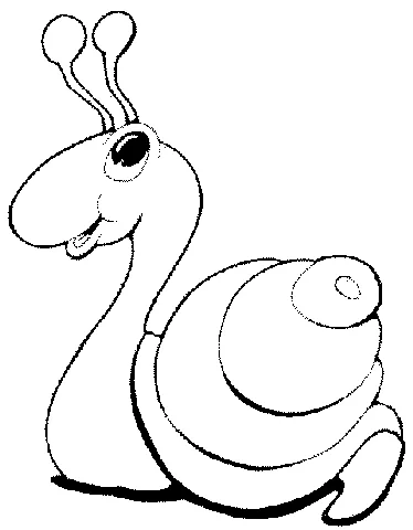 Snail coloring page: a happy snail with large eyes and antennae, smiling