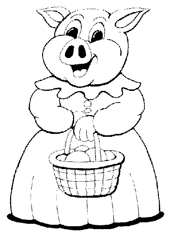 Pig coloring page: a female pig in a dress holding a basket of apples