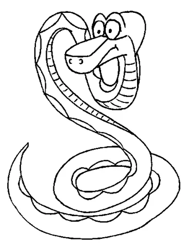 Snake coloring page: a cartoon snake with large eyes, coiled and smiling