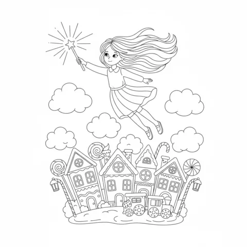 Anime coloring page: a fairy with long hair flying above a candy village with a train
