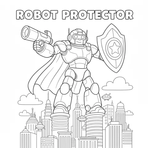 Anime coloring page: a robot protector with a shield and gun standing over a city