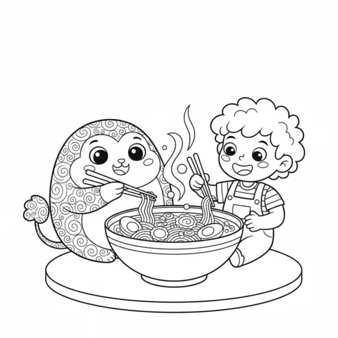 Anime coloring page: a boy and a monkey eating ramen noodles together from a large bowl