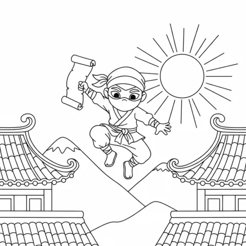 Anime coloring page: a ninja jumping between two temple roofs, holding a scroll