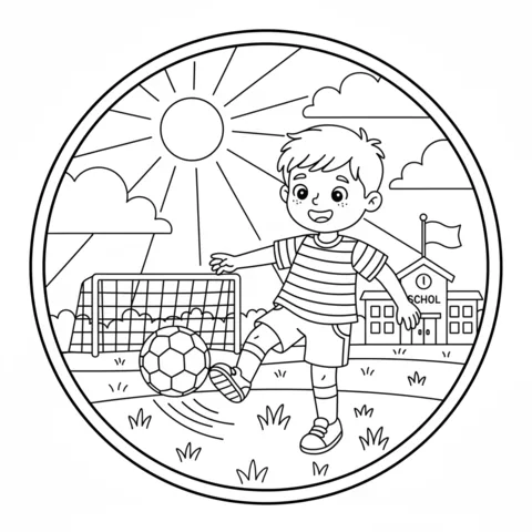 Anime coloring page: a boy playing soccer on a field with a goal and school in the background