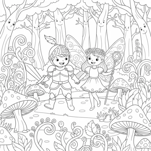 Anime coloring page: a knight and a fairy holding hands in a magical forest with mushrooms