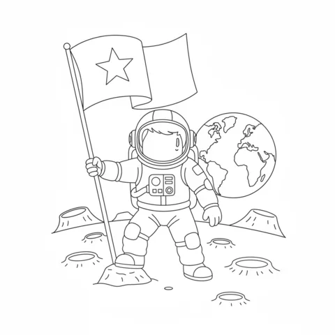 Astronauts coloring page: an astronaut stands on the moon, holding a flag with a star, with Earth in the background