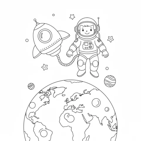 Astronauts coloring page: an astronaut floats in space, tethered to a rocket, with Earth below