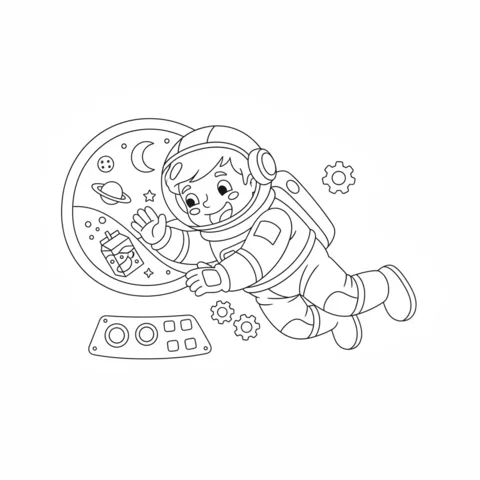 Astronauts coloring page: an astronaut floats inside a spaceship, waving, with a control panel and planets visible