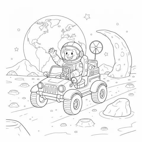 Astronauts coloring page: an astronaut drives a moon buggy on the lunar surface, waving, with Earth and a crescent moon