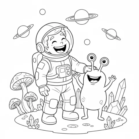 Astronauts coloring page: an astronaut stands with a smiling alien on an alien planet with mushrooms and crystals