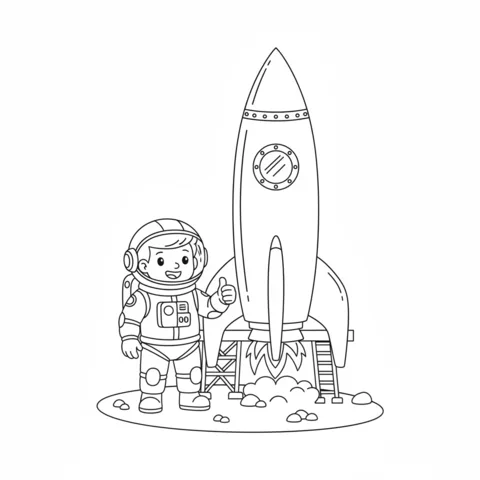 Astronauts coloring page: an astronaut gives a thumbs-up next to a large rocket ready for launch