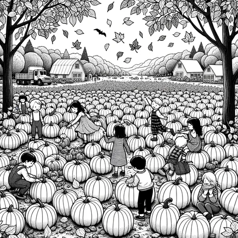 Herbst Ausmalbild: viele Kinder spielen und pflücken Kürbisse auf einem großen Kürbisfeld mit Häusern und Bäumen