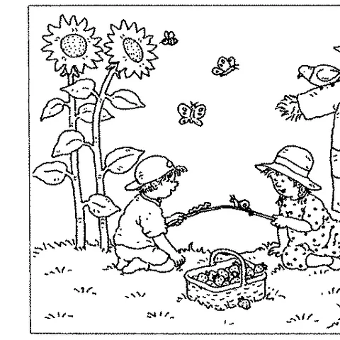 Herbst Ausmalbild: zwei Kinder spielen mit Stöcken und einer Schnecke in der Nähe von Sonnenblumen und einem Korb voller Äpfel