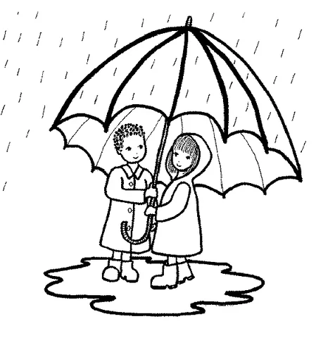 Herbst Ausmalbild: zwei Kinder in Regenmänteln teilen sich einen Regenschirm im Regen, stehend in einer Pfütze