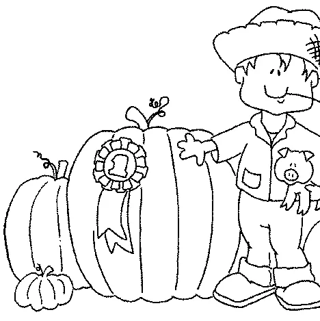 Herbst Ausmalbild: eine Vogelscheuche, die eine kleine Schweinepuppe neben drei Kürbissen hält, einer davon mit einer Schleife