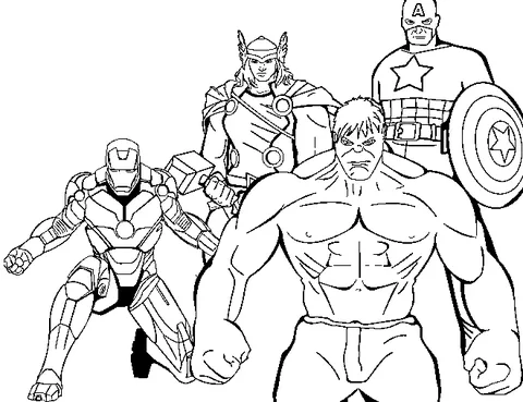 Ausmalbild Avengers: Iron Man, Thor, Hulk und Captain America stehen zusammen in einer Gruppe
