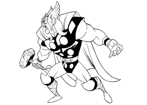 Ausmalbild Avengers: Thor in einer kraftvollen Pose, seinen Hammer Mjolnir haltend, mit einem wehenden Umhang