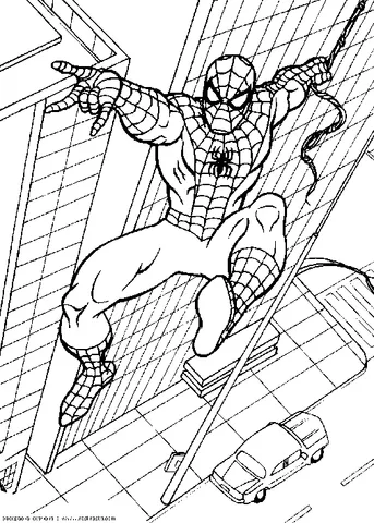 Ausmalbild Avengers: Spider-Man schwingt zwischen hohen Gebäuden über einer Straße mit einem Auto
